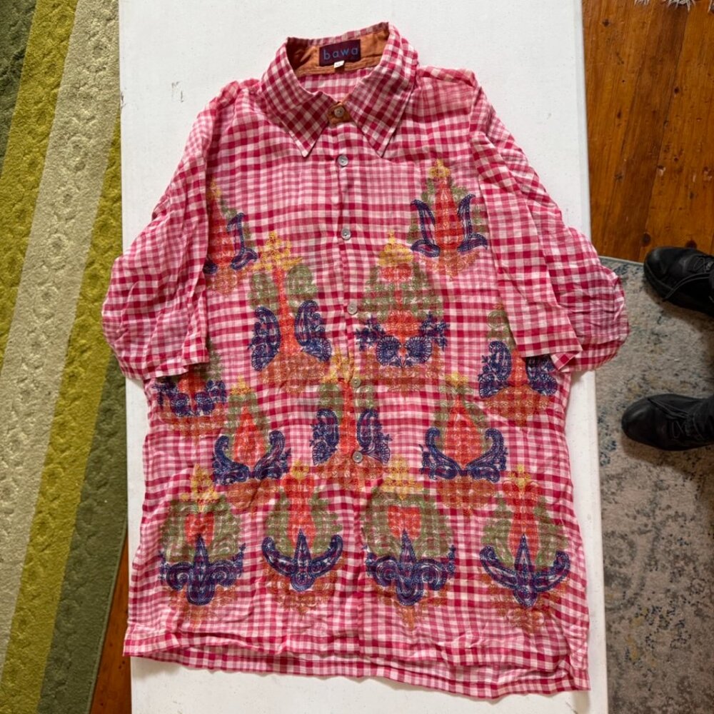 Men's Pink Gingham Button-Down Shirt with Floral Print